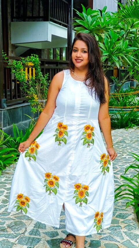 Sunflower Embroidery White Dress