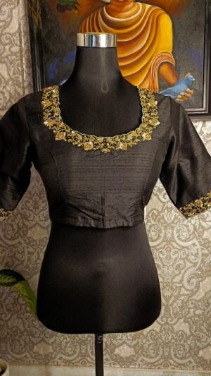Flower Zardosi on Black Raw Silk Blouse