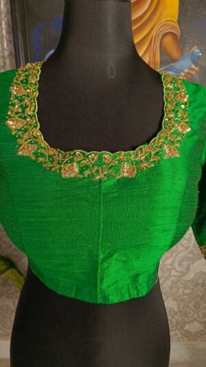 Flower Zardosi on Green Raw Silk Blouse