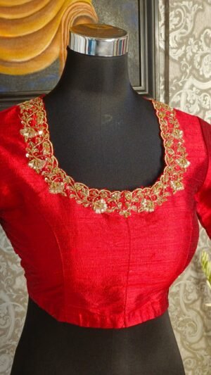 Flower Zardosi on Red Raw Silk Blouse