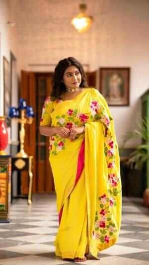Kagoj Phul Embroidery On Silk Saree