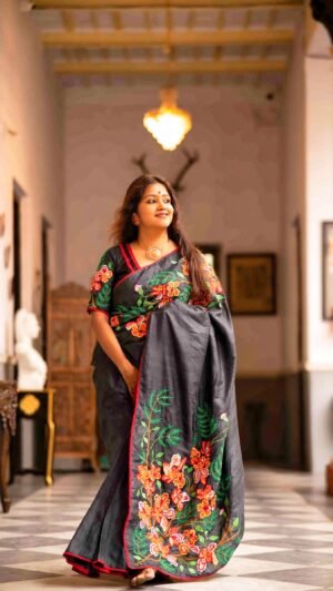 Krishnochura Embroidery On Tussar Silk Saree