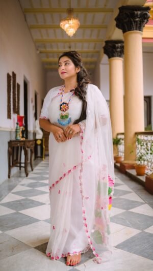 Lotus Flower Embroidery Organza Saree