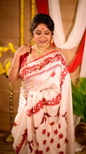 Red White Jamdani Block Print in Pure Silk