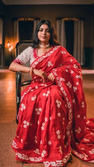 Shiuli Phul Embroidery On  Silk Saree