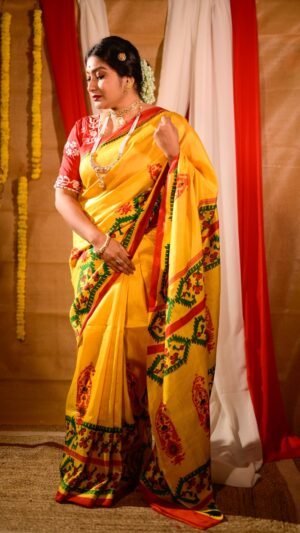 Yellow Jamdani Block Print in Pure Silk