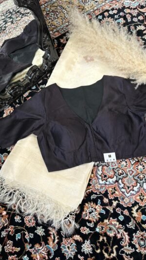 With Sleeve Raw Silk Blouse Black