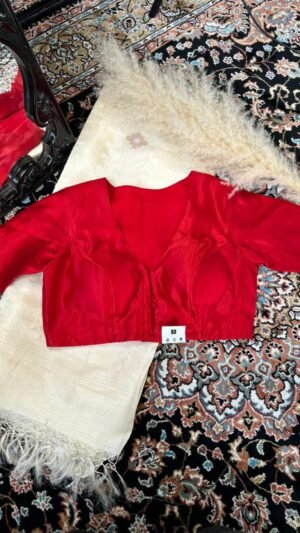 With Sleeve Raw Silk Blouse Red